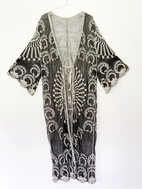 Woman Black Mesh Sheer Lace Embroidered Long Kimono Duster ONE SIZE Boho Folk